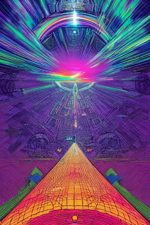 Prompt: comic art of a fluorescent 3 one-point perspective iridescent rainbow fragmentation+smoke+cloud corridors gridded with paintings containing the outside of a galactic dimension vortex , by dan mumford and moebius and brock hofer, tarot card style background, 4k HD, artstation HD