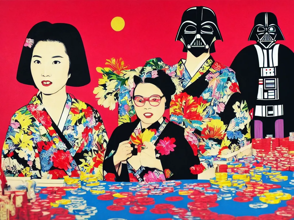 Image similar to hyperrealistic composition, in the middle a woman in a japanese kimono, behind her stands darth vader, in front of her a table from the casino, in the background is mount fuji and fireworks, pop - art style, jacky tsai style, andy warhol style, acrylic on canvas