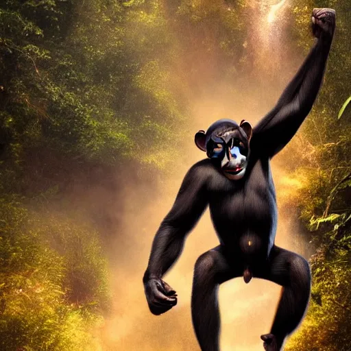 Image similar to Angry Chimpanzee Jumping, Epic Jump, Cinematic Photo, Cinematic Shot, Jungle, Foliage Boris Vallejo, Epic, 8k resolution, ArtStation, Hyperrealistic