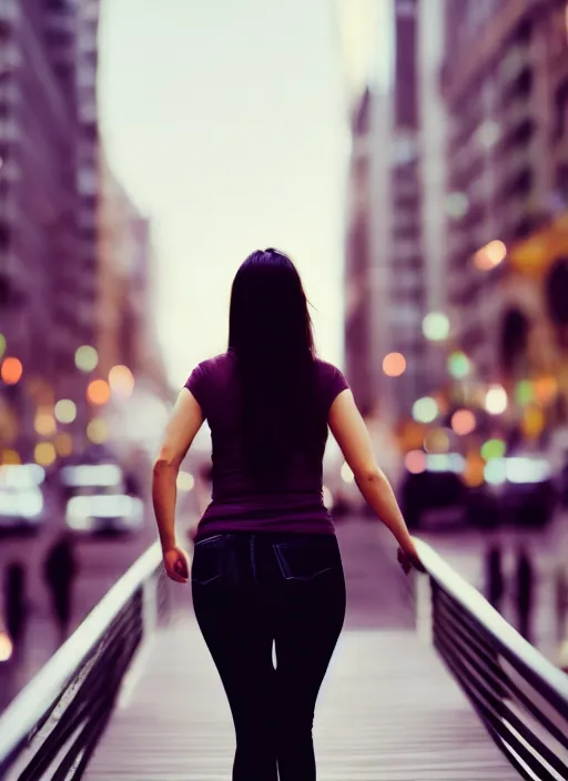 Image similar to beautiful photo of a woman walking on a city towards the camera, full body, hyper realistic, 8 k, dslr, 3 mm, highly detailed photograph