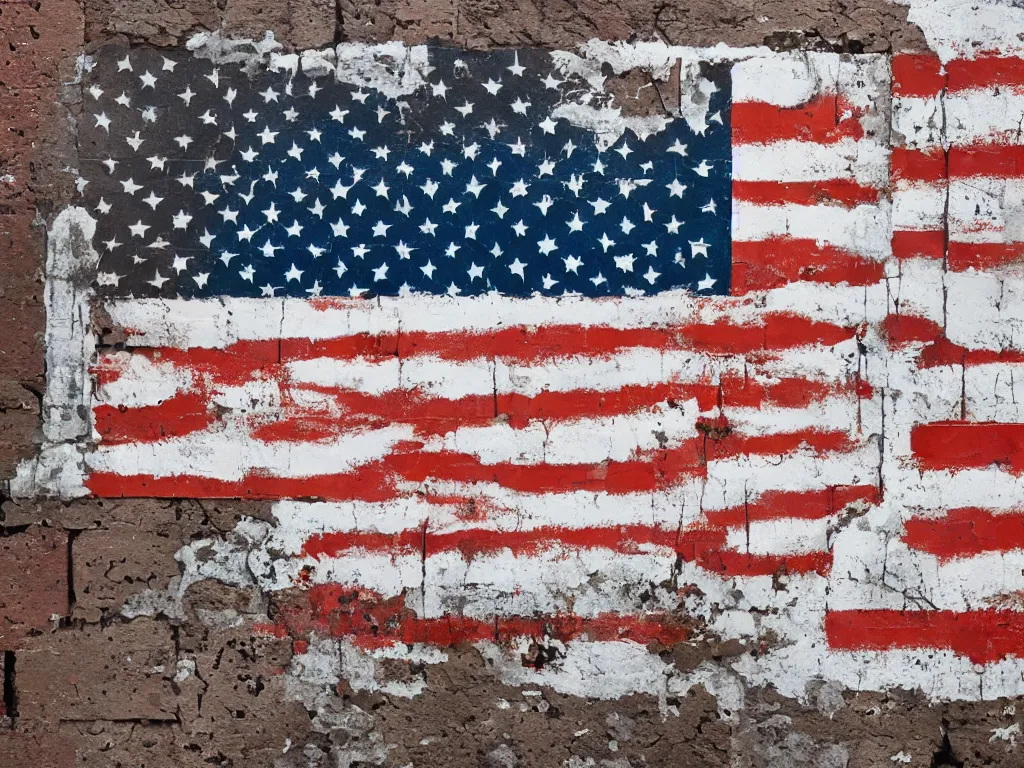 Prompt: an old cinder block wall painted with a mural of an american flag, cracked paint, rust stains and aging features