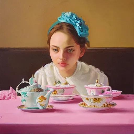 Image similar to “beautiful girl at a tea party, oil painting, realism, hyper detailed, trending on Artstation”