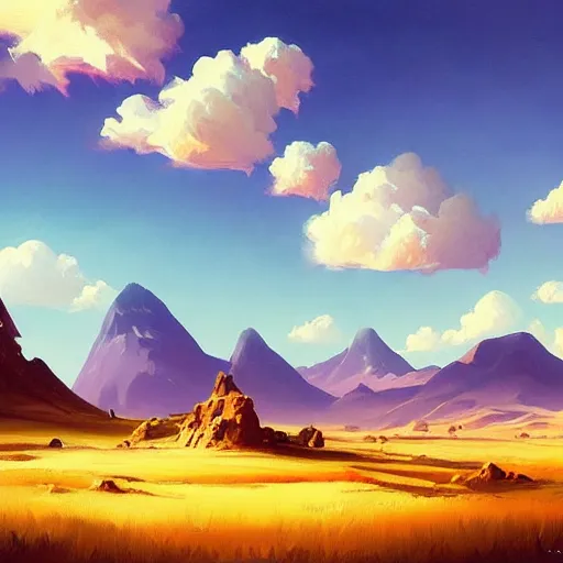 Prompt: a painting of a landscape with mountains and clouds, a matte painting by rhads, behance contest winner, fantasy art, 2 d game art, matte painting, concept art