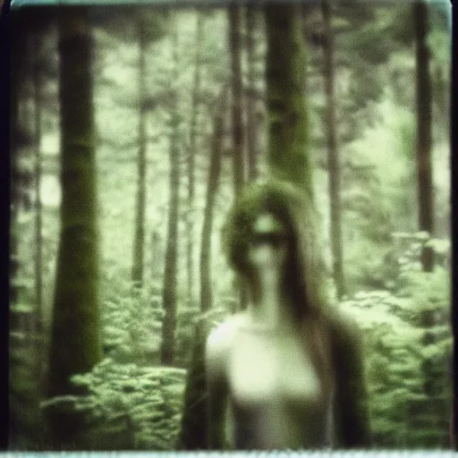 Image similar to skinwalker in a forest, blurry photo, polaroid, expired film,