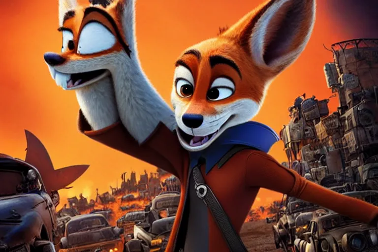 Image similar to nick wilde ( from zootopia ), heavily armed and armored facing down armageddon in a dark and gritty reboot from the makers of mad max : fury road