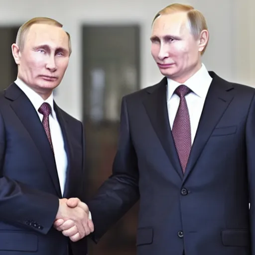 Image similar to putin teams up with a teenage putin, perfect faces