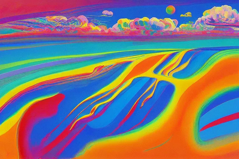 Image similar to Psychedelic sci-fi dreamworld. Landscape painting. Organic. Winding rushing water. Waves. Clouds. Wayne Thiebaud. Peter Max.