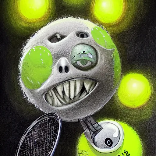 Image similar to a tennis ball monster , water, tennis ball, dark, chalky, digital art, fantasy, magic, trending on artstation, ultra detailed, professional illustration by Basil Gogos