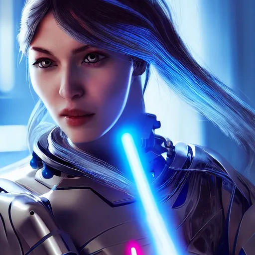 Prompt: Nanosuit female beautiful cyborg with a bright blue lightsaber in her hand, brilliant silver flowing hair, beautiful blue glowing eyes, wideshot ultrawide angle epic scale, by Cedric Peyravernay, highly detailed, excellent composition, cinematic concept art, dramatic lighting, trending on ArtStation
