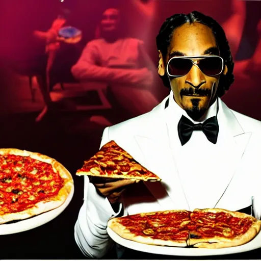 Prompt: photograph of snoop dogg in a white tuxedo eating pizza