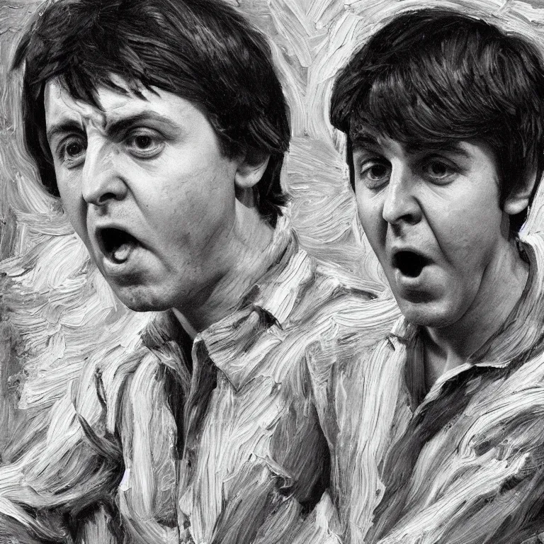 Prompt: warmly lit close up studio portrait of young furiously angry! Paul McCartney in 1965 singing, impasto oil painting thick brushstrokes by Lucian Freud and Cy Twombly and Tim Hawkinson , trending on artstation dramatic lighting Expressionism