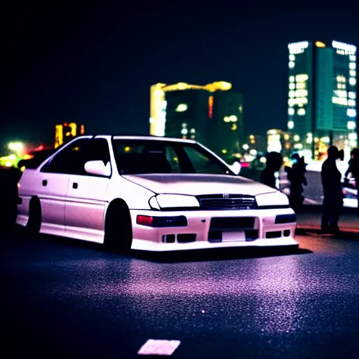 Image similar to a car JZX90 at illegal car meet, Chiba prefecture, city midnight mist lights, cinematic color, photorealistic, highly detailed, 50MM