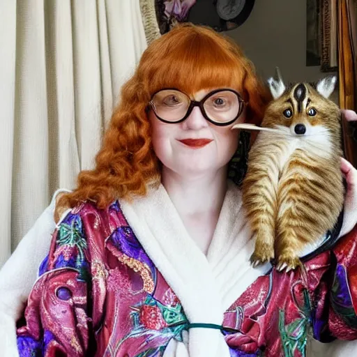 Prompt: a stunning hyper-detailed closeup portrait photo of a beautiful retro-bespectacled woman with long ginger hair and bangs, wearing a luxurious silk robe, wearing headphones and posing with her large ginger tabby cat and her raccoon and parrots in an overstuffed easy chair in her sunlit victorian living room, holding a porcelain parrot-shaped coffee mug and a donut, perfect eyes, fashion photography, octane render, unreal engine, 85 mm lens,