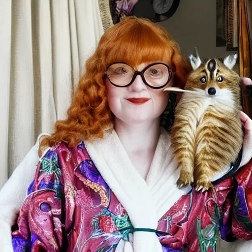 Image similar to a stunning hyper-detailed closeup portrait photo of a beautiful retro-bespectacled woman with long ginger hair and bangs, wearing a luxurious silk robe, wearing headphones and posing with her large ginger tabby cat and her raccoon and parrots in an overstuffed easy chair in her sunlit victorian living room, holding a porcelain parrot-shaped coffee mug and a donut, perfect eyes, fashion photography, octane render, unreal engine, 85 mm lens,