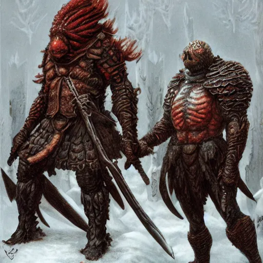 Prompt: anthropomorphic turtle barbarian humanoid, carapace, wayne barlowe, blizzard, winter, night, furs, fantasy