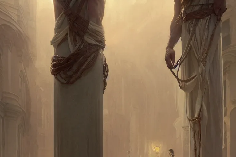 Image similar to a man tied to a column, highly detailed, digital painting, artstation, concept art, smooth, sharp focus, illustration, cinematic lighting, art by artgerm and greg rutkowski and alphonse mucha