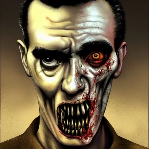Prompt: head portrait of a slim and young morrissey as a zombie sneering, 7 days to die zombie, fine art, award winning, intricate, elegant, sharp focus, cinematic lighting, rimlight, digital painting, 8 k concept art, art by z. w. gu, art by brom, art by michael hussar, 8 k