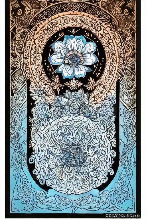 Image similar to Painted dark-wood panel relief carving of a Flowerpunk Piglet, White and pale blue toned, ornate border frame, explosion of colorful flowers, dark wood, intricately carved, black ink, festival of rich colors, intricate details, cinematic lighting, volumetric lighting, post-processing, art nouveau, tarot, fractal art, mandala, by andreas rocha and john howe, and Martin Johnson Heade, featured on artstation, featured on behance, golden ratio, hyper detailed, photorealistic, epic composition, center spotlight, f32, well composed, symmetrical, UE5, 8k