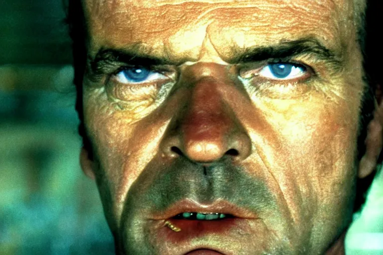 Prompt: 32 year old Jack Nicholson on blade runner 1982, movie still, face close-up, in color, detailed face, symmetrical face, 4k,