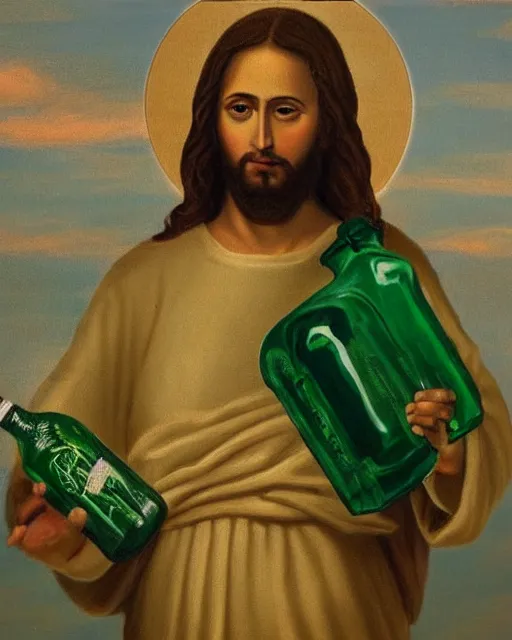 Prompt: detailed painting of jesus christ holding up a green bottle