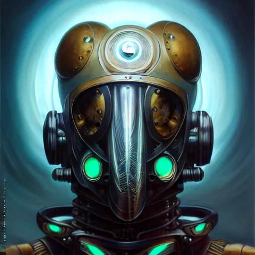 Image similar to front shot of a cyberpunk gazmask robot character, intricate, elegant, highly detailed, centered, digital painting, artstation, concept art, smooth, sharp focus, illustration, artgerm, Tomasz Alen Kopera, Peter Mohrbacher, donato giancola, Joseph Christian Leyendecker, WLOP, Boris Vallejo