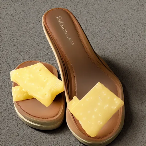 Image similar to high quality photo of sandals made of swiss cheese, realism, 8k, award winning photo