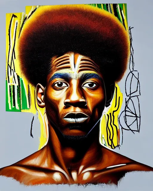 Image similar to A extremely ultra highly detailed majestic hi-res beautiful immaculate head and shoulders award winning painting stunning masterpiece of the face of a strong black african man with an afro by Jean-Michel Basquiat, 8k, high textures, ultra hyper sharp, insanely detailed and intricate, super detailed, 8k HDR ultra high quality