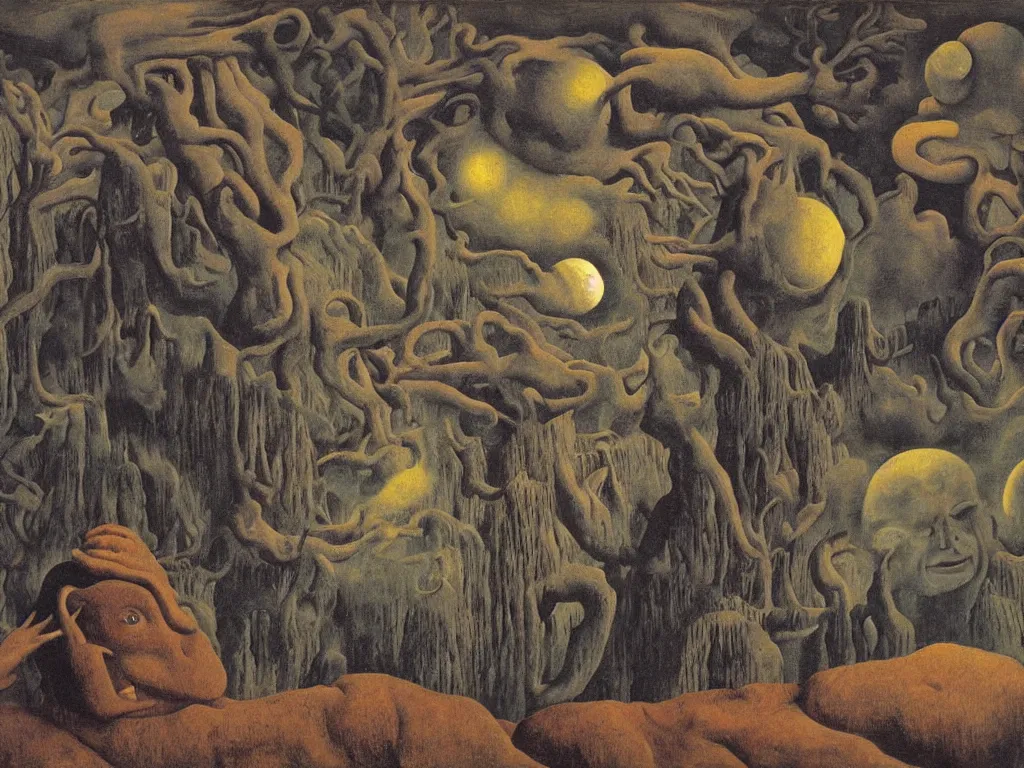 Prompt: dreamless night, sweaty mountain, the antler people, African mask, acid rains, moon brain. Painting by Rene Magritte, Jean Delville, Max Ernst, Maria Sybilla Merian, Alfred Kubin