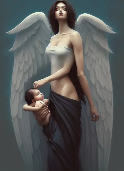 Prompt: beautiful women with wings holding her baby, latina, rule of thirds, haze, intricate, anime, symmetrical!!, makeup, loreal, maybelline, trending on artstation, art by greg rutkowski, filmic, vsco, concept art, artstation, digital painting, elegant, model