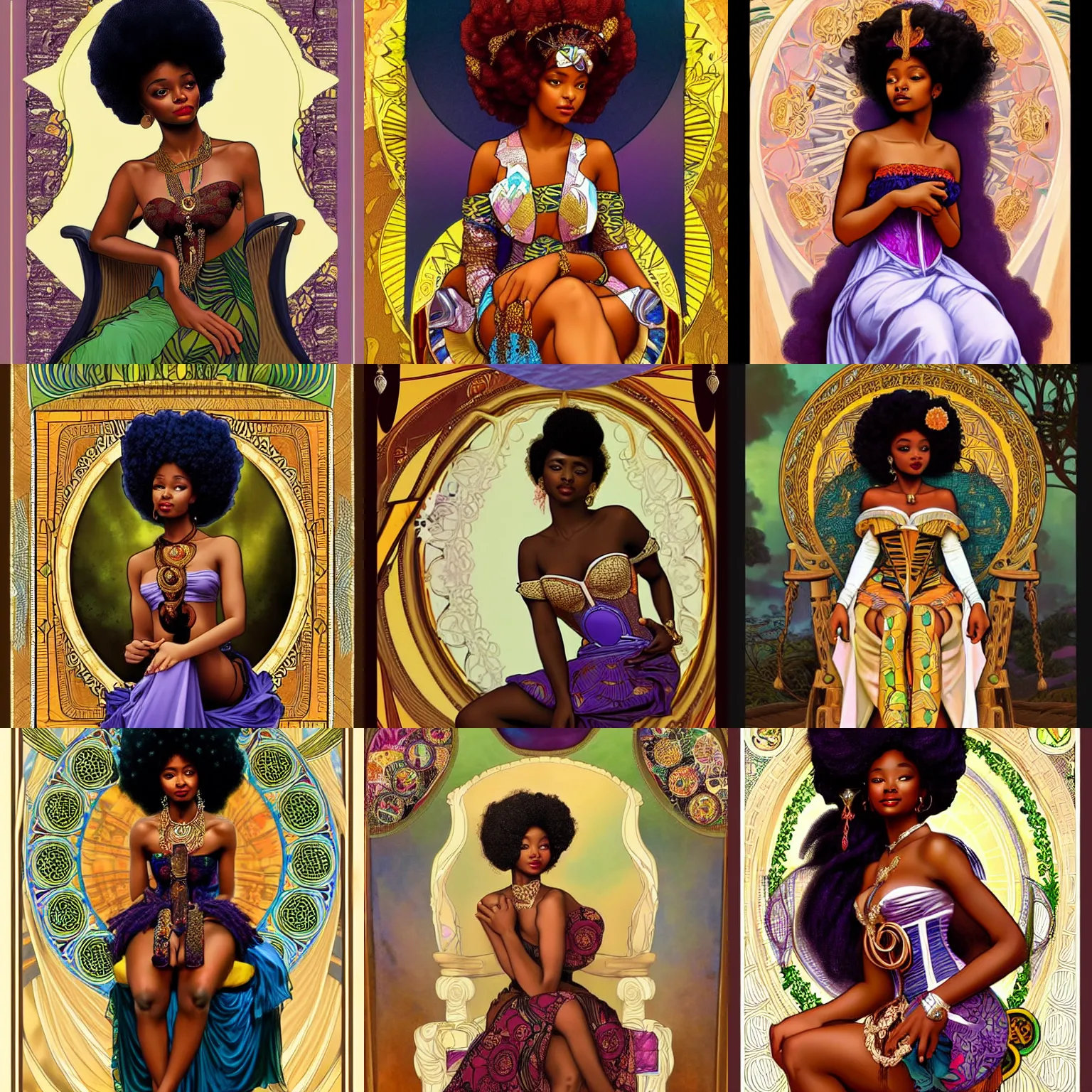 Prompt: beautiful african goddess with an afro, sitting on an royal throne, wearing corset, inspired by yara shahidi and skai jackson, inspired by alphonse mucha and brom art