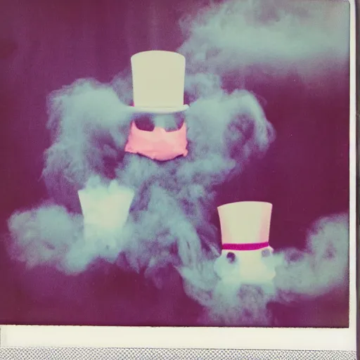 Image similar to polaroid of figures made from cotton candy, smoke and sticks, wearing top hats and huge masks