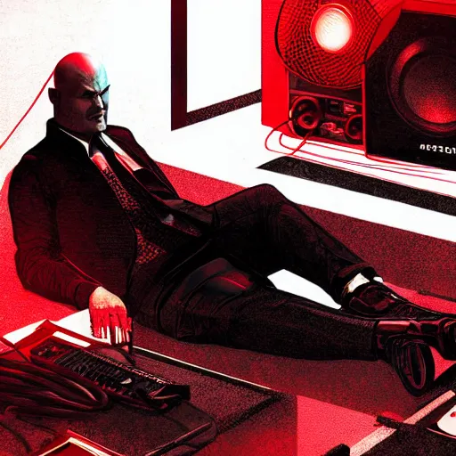 Image similar to agent 4 7 lying down listening to music in front of large stereo speakers surrounded by cables, black background, red rim light, highly detailed, smooth, sharp focus, art by cedric peyravernay