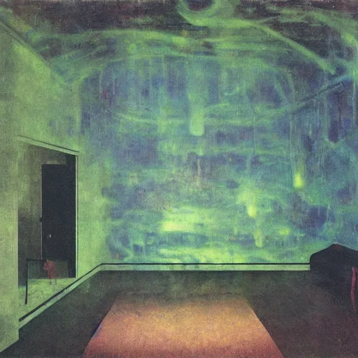 Image similar to interior of a flooded old house. aurora borealis. iridescent, psychedelic colors. painting by hammershoi, balthus, mark rothko, agnes pelton, utamaro, monet