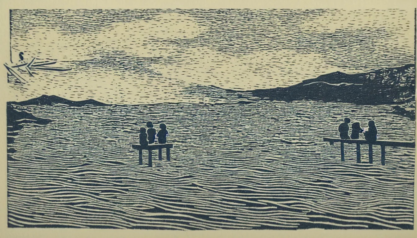 Image similar to sitting at the end of the dock woodblock print