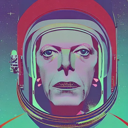 Prompt: portrait of david bowie in astronaut suit by Andy warhol and Petros Afshar and Beeple, Edward Hopper and James Gilleard, Zdzislaw Beksinski, Mark Ryden, Wolfgang Lettl highly detailed