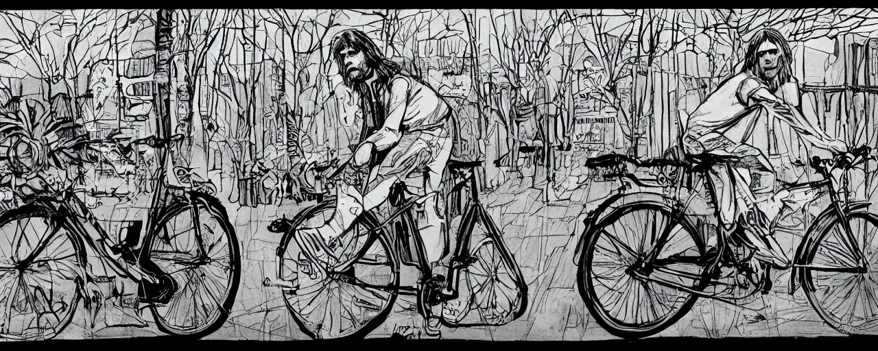 Prompt: beautiful detailed comic illustration of Kurt Cobain on a bicycle on a bicycle, colored