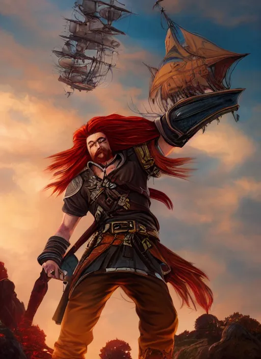 Prompt: an epic fantasy comic book style portrait painting of a long haired, red headed male sky - pirate in front of an airship in the style of disney, unreal 5, daz, hyperrealistic, octane render, cosplay, rpg portrait, dynamic lighting