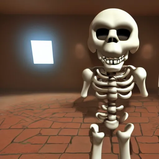 Image similar to A skeleton in the game Super Mario 64, rendered in unreal engine, highly detailed, vray