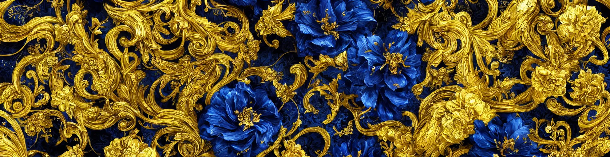 Image similar to black blue yellow, complicated gold and blue flowers the baroque style decoration, dark fantasy, intricate, elegant, highly detailed, digital painting, artstation, concept art, matte, 3 d 8 k octane rendered, sharp focus, illustration, octane rendered, art by artgerm