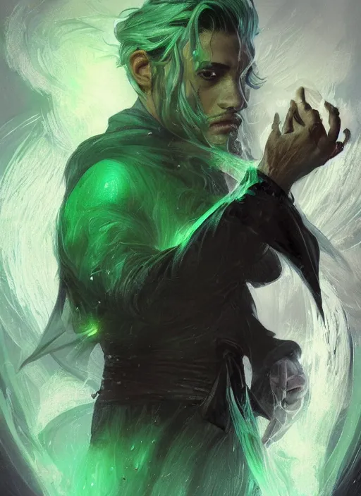 Image similar to character concept portrait of an extremely handsome young Spanish wizard with green eyes and powder-green skin conjuring a cosmic spell, a floating iridescent spell book in the center, intricate, elegant, digital painting, concept art, smooth, sharp focus, illustration, from Metal Gear, by Ruan Jia and Mandy Jurgens and William-Adolphe Bouguereau, Artgerm