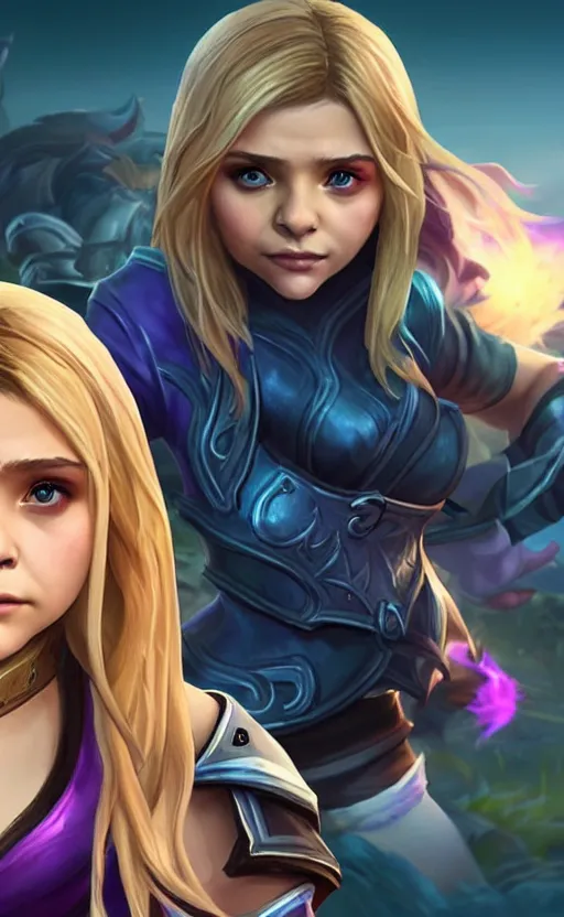 Image similar to Chloë Grace Moretz as a character in the game League of Legends, with a background based on the game League of Legends, detailed face, old 3d graphics