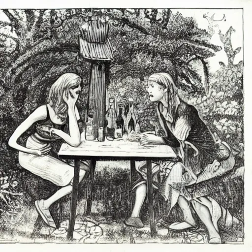 Prompt: girl and boy sitting at table in garden. on the table there is beer and wine. folk horror style art. detailed. arbour. eerie