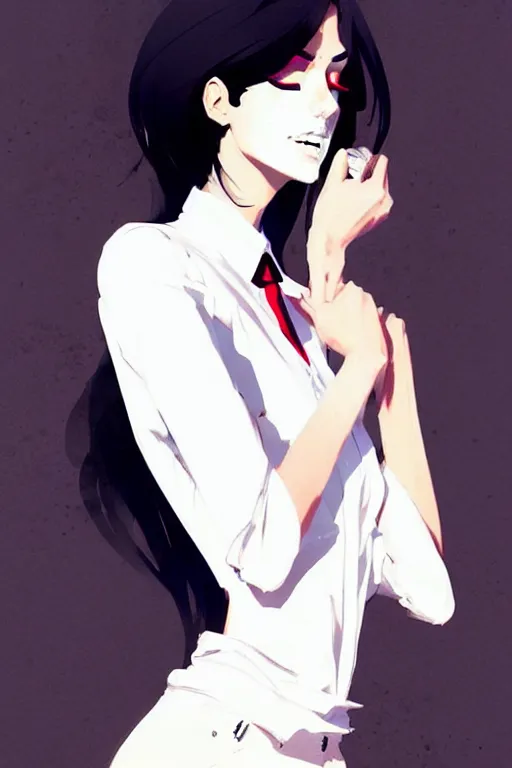 Image similar to a ultradetailed beautiful panting of a stylish woman, she is wearing a white shirt with a tie and black pants, by conrad roset, greg rutkowski and makoto shinkai trending on artstation