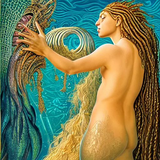 Image similar to intricate detail, gilbert williams and sandro botticelli portrait of tan sumerian mermaid goddess atargatis, princess intergalactica, with aqua neon rapunzel dreadlocks adorned in seashells, near crystal temple in atlantis, iridescent dolphins swimming in the sea, unicorn flying in the sky, paleozoic atlantis