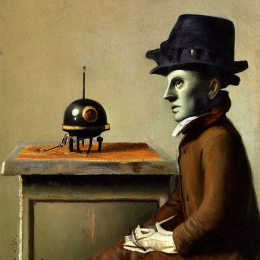 Prompt: android poete maudite, starving robot artist in a parisian garret, baudelaire, nineteenth - century domestic realism, oil on canvas