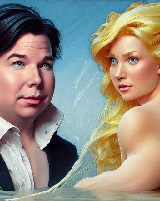 Prompt: Portrait of a  blonde lady and Michael mcintyre as characters in the Little Mermaid,real life skin, intricate, elegant, highly detailed, artstation, concept art, smooth, sharp focus, art by artgerm and greg rutkowski and alphonse mucha