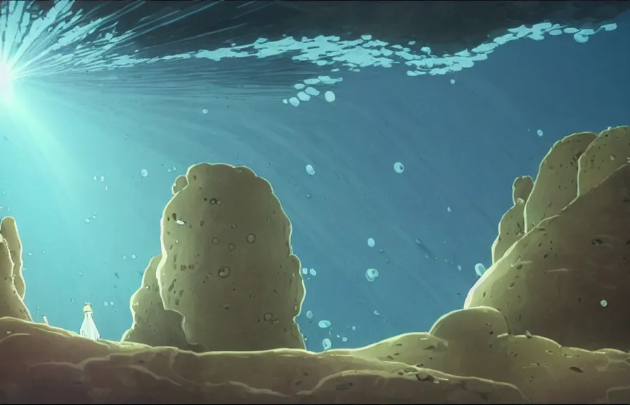 Image similar to a realistic cell - shaded cartoon from howl's moving castle ( 2 0 0 4 ) showing a white pristine pyramid underwater at the bottom of the sea. a submarine is in the ground and shafts of sunlight come from above. wide shot, very dull muted colors, hd, 4 k, hq