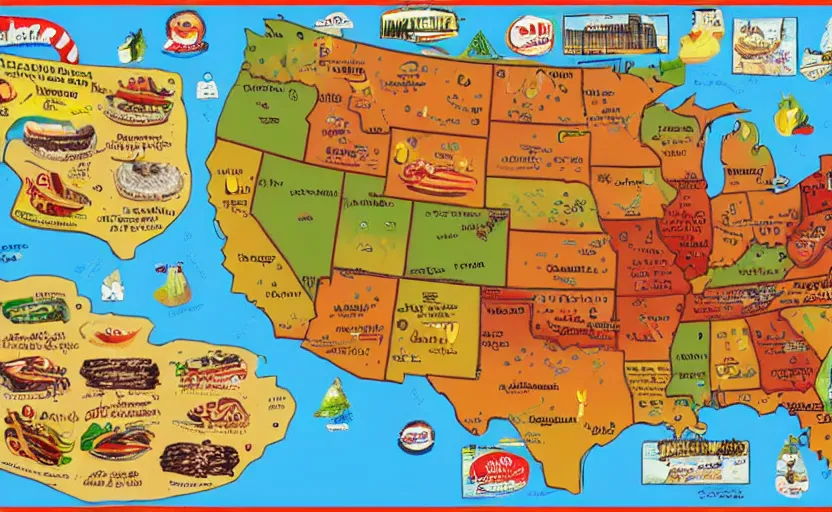 Image similar to hot dogs across america map, detailed, map key, tourist map, brochure