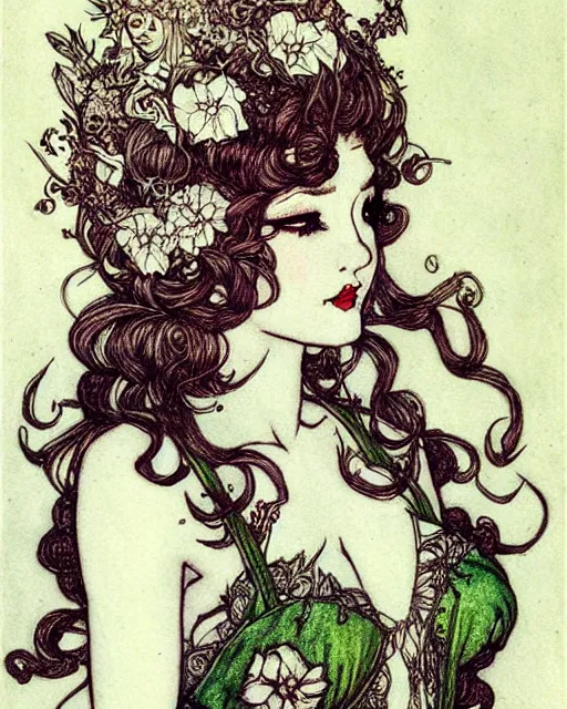 Image similar to burlesque elf, flowers in hair, fantasy character portrait, ultra realistic, concept art, intricate details, art nouveau, japanese woodblock, cinematic, highly detailed by arthur rackham