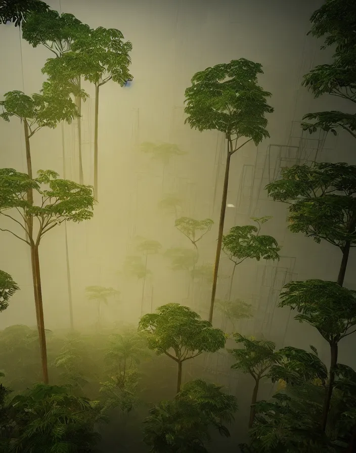 Prompt: a city of interlocking and weaving wooden structure towers intertwined and interconnected with a jungle rainforest, misty atmosphere hyper realistic octane render unreal engine